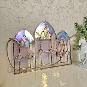Stained Glass Panel Gothic Windows Iridescent Glass Hanging Suncatcher, Gift for Her Him Mothers Day Gift, Panel Home Decor