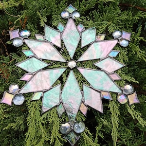 Stained Glass Snowflake, Christmas Tree Ornament, Snowflake Hanging Suncatcher, Iridescent Glass, Wall Window Home Decor, Gift for Her Him