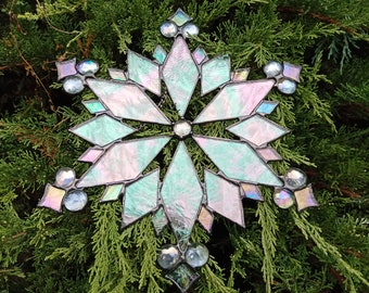 Stained Glass Snowflake Suncatcher: Iridescent Christmas Ornament, Gift for Her Him Christmas Home Window Wall Decor