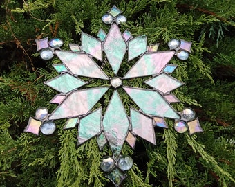 Stained Glass Snowflake, Christmas Tree Ornament, Snowflake Hanging Suncatcher, Mother of Pearl, Wall Window Home Décor, Gift