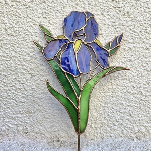 Può includere: Un paletto da giardino a forma di fiore di iris in vetro colorato. Il fiore ha petali blu e viola con accenti gialli, foglie verdi e uno stelo color rame. Il vetro è delineato con metallo color rame.