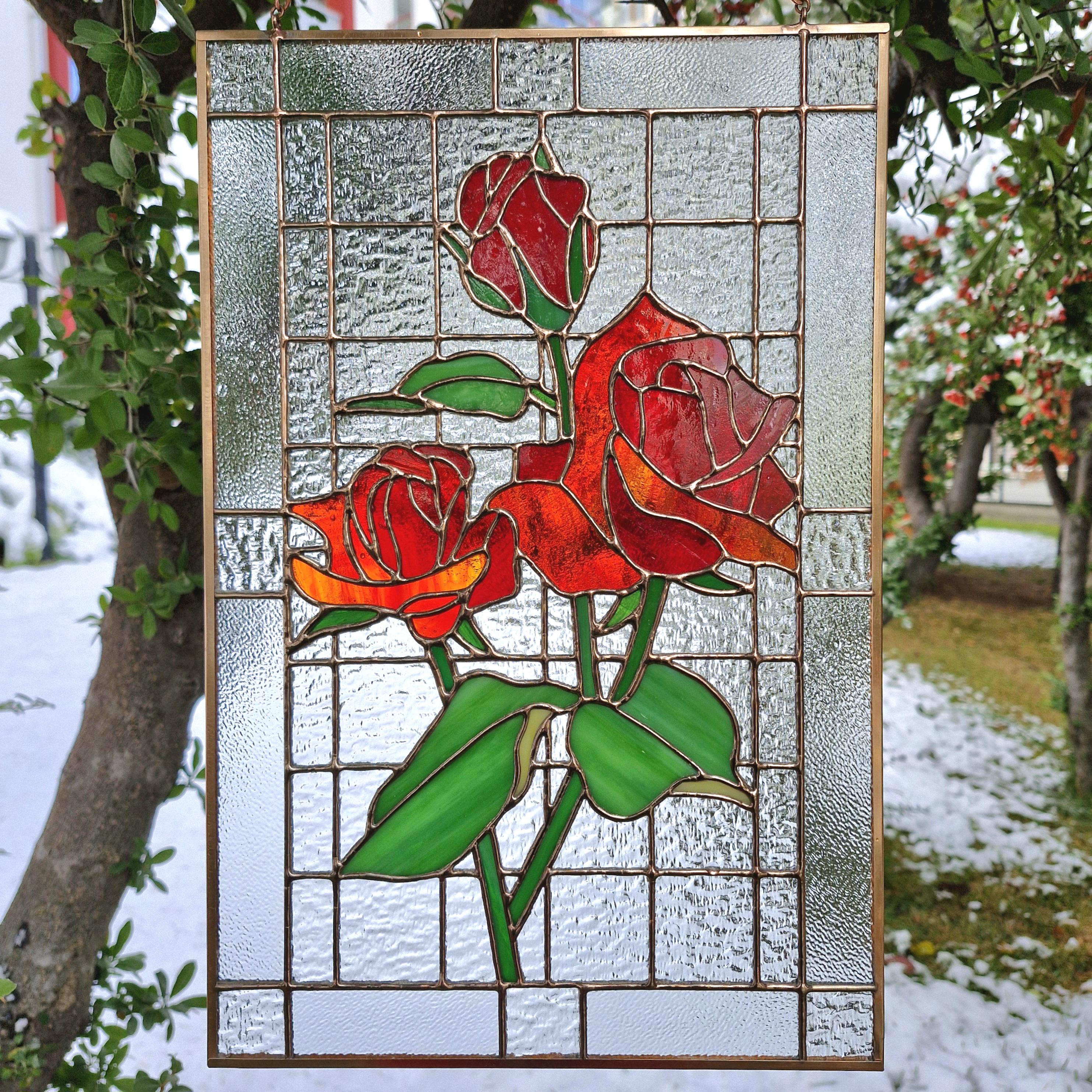 Stained Glass Rose Flower Panel, Stained Glass Red Roses Suncatcher ...