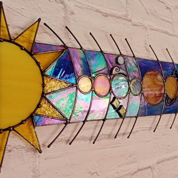 Stained Glass Sun World Moon Planets Landscape Panel Hanging Suncatcher,  Stained Glass Solar System Space Sun and Planets Decor