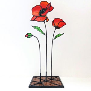 Stained Glass Poppy Flowers Bouquet, Stained Glass Red Poppy Flowers, Flower Suncatcher, Stained Glass Poppy Flower Home Table Decor