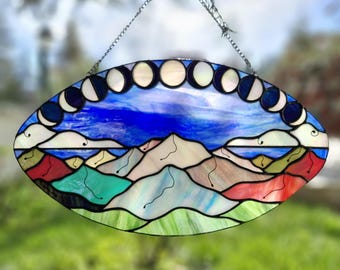 Mountains Phases of Moon Landscape Stained Glass Tiffany Style Panel Suncatcher Window Wall Hanging Home Decor, Gift