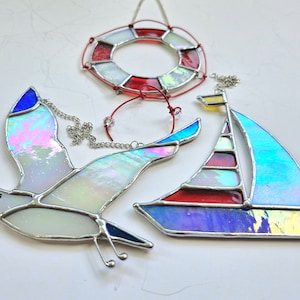 Stained Glass Sailboat Suncatcher: Seagull & Lifebuoy Hanging Decor