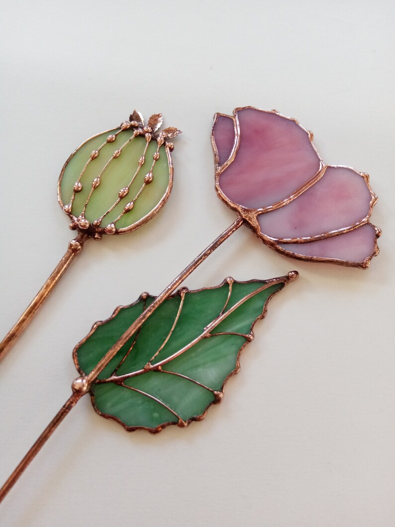 Stained Glass Opium Poppy Bouquet: Pink & Green Table Decor image 8
