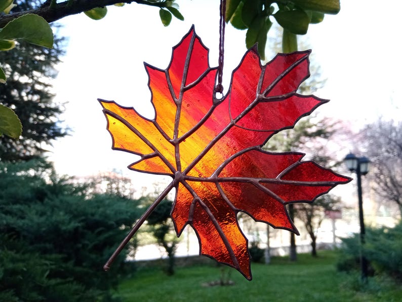 Stained Glass Sycamore Leaf Suncatcher: Autumn Colors Window Hanging image 11