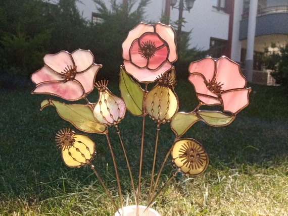 Stained Glass Opium Poppy Bouquet: Iridescent Pink Suncatcher