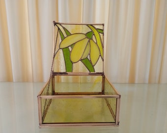 Stained Glass Box With Snowdrop Flower Antique Style Bronze Framed, Stained Glass Jewelry Box, Ring Box, Gift for Her