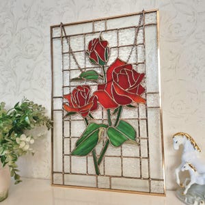 Stained Glass Rose Flower Panel, Stained Glass Red Roses Suncatcher, Stained Glass Rose Flower Window Hanging, Window Wall Home Decor