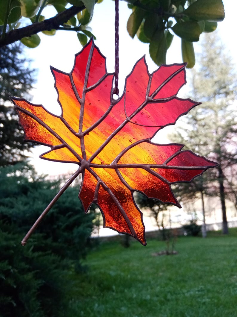 Stained Glass Sycamore Leaf Suncatcher: Autumn Colors Window Hanging image 13