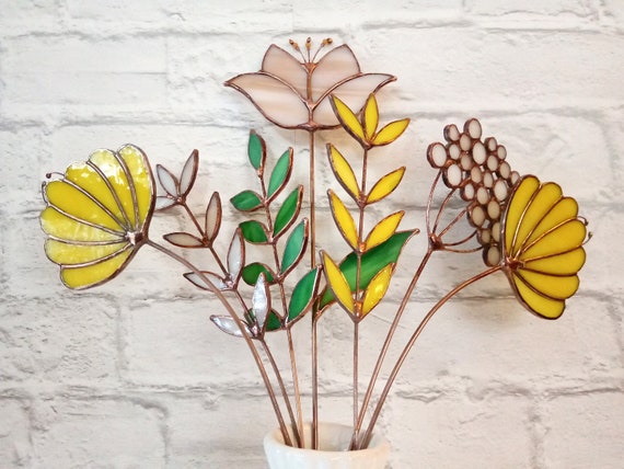 Stained Glass Wildflower Bouquet: Yellow, Lilac & Green Suncatcher