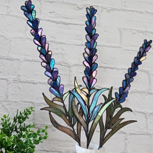 Sonnenfänger aus Buntglas mit Lavendel-Echter Blume, schimmerndes blau-grünes Blumenmuster, Tischdekoration, Weihnachtsgeschenk für sie
