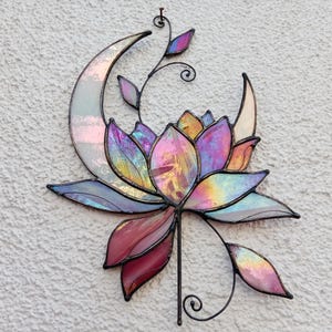 Stained Glass Lotus Moon Suncatcher: Pink Floral Window Hanging
