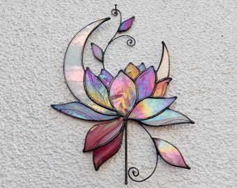 Stained Glass Lotus Moon Suncatcher: Pink Floral Window Hanging