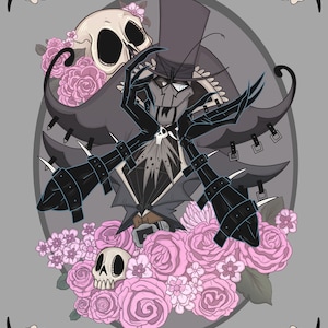 May include: A digital illustration of a skeletal figure wearing a top hat and a long coat. The figure is surrounded by pink roses and skulls. The background is a gray color.
