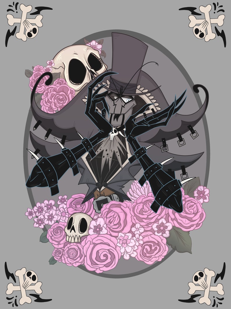 May include: A digital illustration of a skeletal figure wearing a top hat and a long coat. The figure is surrounded by pink roses and skulls. The background is a gray color.
