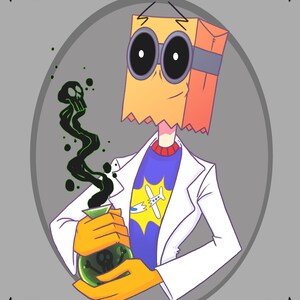 May include: A cartoon character wearing a paper bag mask, goggles, and a lab coat holds a green potion bottle with a skull and crossbones. The potion bottle is emitting green smoke with a skull shape.