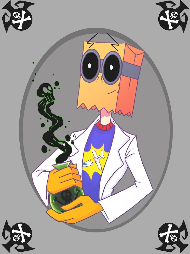 May include: A cartoon character wearing a paper bag mask, goggles, and a lab coat holds a green potion bottle with a skull and crossbones. The potion bottle is emitting green smoke with a skull shape.
