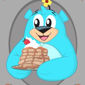 May include: A blue cartoon bear with a yellow flower on its head holds a plate of pancakes with whipped cream and a strawberry on top. The pancakes are covered in a brown sauce.