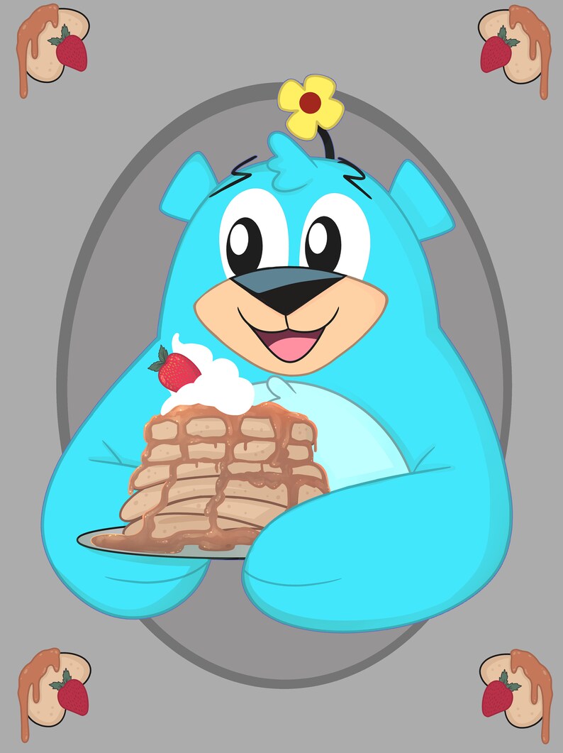 May include: A blue cartoon bear with a yellow flower on its head holds a plate of pancakes with whipped cream and a strawberry on top. The pancakes are covered in a brown sauce.