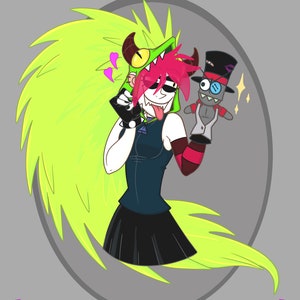 May include: A cartoon character with green hair and a green and red monster head costume holds a gray puppet with a black top hat and a red bow tie. The character is wearing a black dress and red and black striped arm warmers. The background is gray with pink hearts and black top hats.