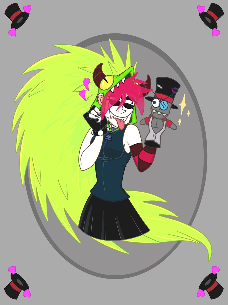 May include: A cartoon character with green hair and a green and red monster head costume holds a gray puppet with a black top hat and a red bow tie. The character is wearing a black dress and red and black striped arm warmers. The background is gray with pink hearts and black top hats.