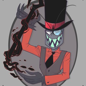 May include: A cartoon illustration of a character with a black top hat, red shirt, and gray vest. The character has a large, toothy grin and is holding a black staff with red tendrils.