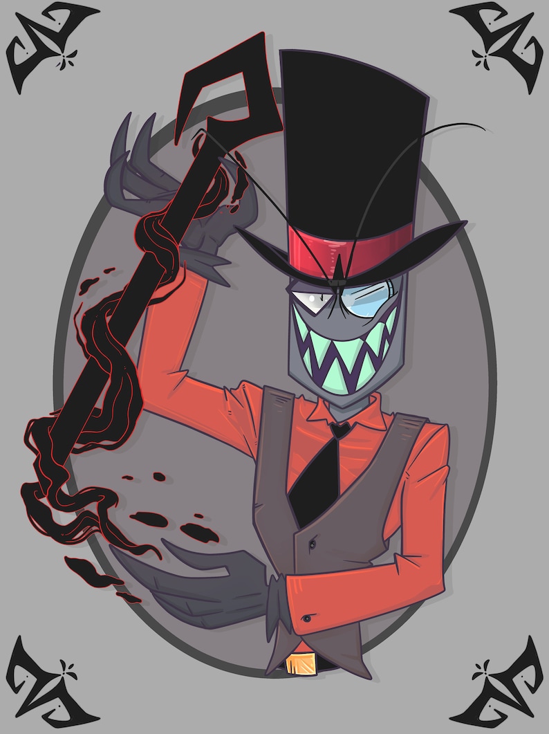 May include: A cartoon illustration of a character with a black top hat, red shirt, and gray vest. The character has a large, toothy grin and is holding a black staff with red tendrils.