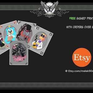 May include: Five illustrated cards featuring characters from the animated series "Villainous". The cards are arranged in a fan shape on a gray background. The text "FREE SIGNED PRINT WITH ORDERS OVER &pound;30!" is displayed in green and white text. The Etsy logo is displayed in orange with the text "Etsy" in white. The text "@Etsy.com/melek90Artz" is displayed in white.