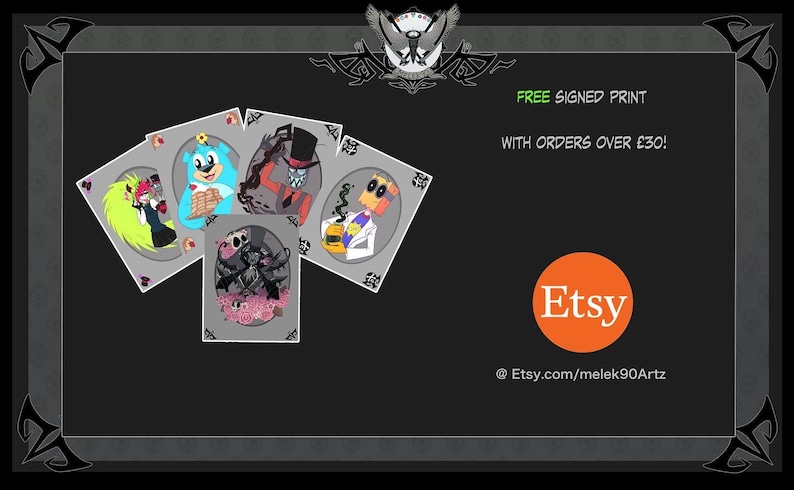 May include: Five illustrated cards featuring characters from the animated series "Villainous". The cards are arranged in a fan shape on a gray background. The text "FREE SIGNED PRINT WITH ORDERS OVER &pound;30!" is displayed in green and white text. The Etsy logo is displayed in orange with the text "Etsy" in white. The text "@Etsy.com/melek90Artz" is displayed in white.