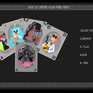 May include: Five illustrated cards featuring characters from the animated series "Villainous". The characters are Black Hat, Grim Hat, Flug, 505, and Dem. The cards are arranged in a semi-circle with the text "HOW TO ORDER YOUR FREE PRINT." at the top.