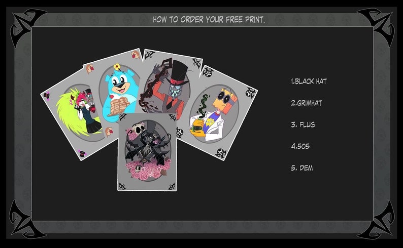 May include: Five illustrated cards featuring characters from the animated series "Villainous". The characters are Black Hat, Grim Hat, Flug, 505, and Dem. The cards are arranged in a semi-circle with the text "HOW TO ORDER YOUR FREE PRINT." at the top.