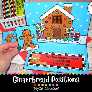May include: An educational game titled "Gingerbread Positions" with a pop-up gingerbread house and gingerbread man cards. The game teaches positional words. The text "Put the gingerbread man NEAR the house" is visible.