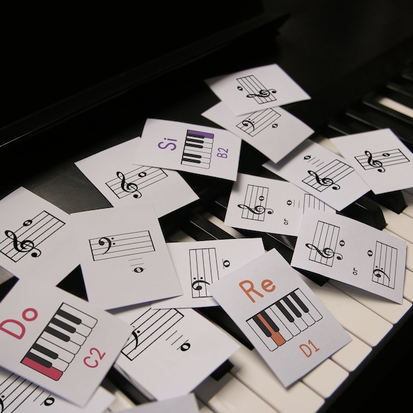 Pianotoetsen en notennamen Flashcard Set voor pianoleerlingen om noten te leren over de treble- en bassleutel, muziektheorie cadeau, Instant Download PDF