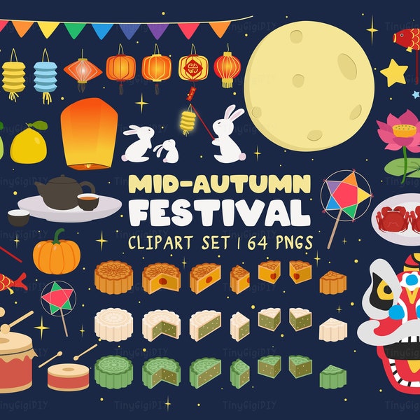Mid-Autumn Festival Clipart Bundle, Moon Festival Clipart Set Png, Mooncake Festival Png, Lion Dance, Lanterns, Rabbit, Sublimation Design