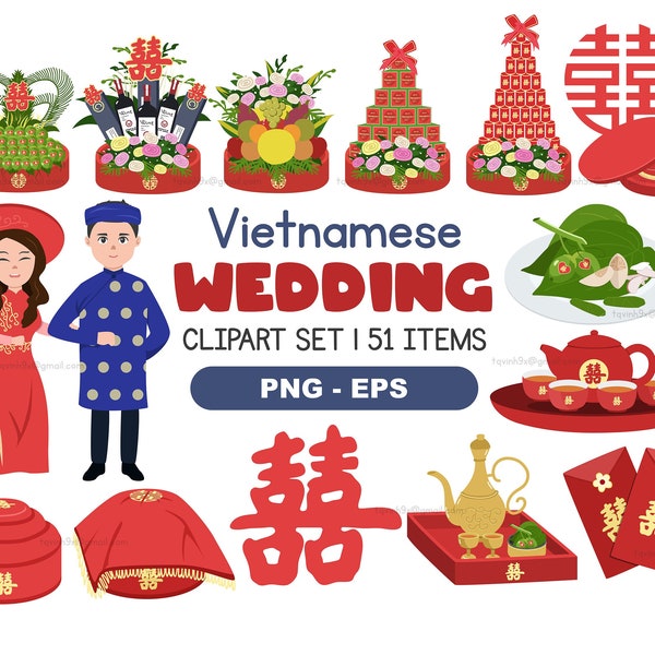 Vietnamese Wedding Clipart Set - Marriage Clipart Png, Eps - Vietnamese Bride And Groom Png - Wedding Elements Vector Set - DIGITAL DOWNLOAD