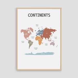 Kontinente Poster, Geographie, Klassenzimmer, Wandkunst, Kontinente und Ozeane, Boho Kleinkind Spielzimmer Dekor, Homeschool Bildung, digitaler Download