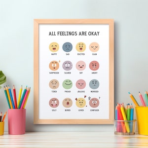 Gevoelensgrafiekposter, alle gevoelens zijn oke, emotiesposter, decor bohoklas, mijn gevoelens afdrukbare muurkunst, Montessori thuisonderwijs