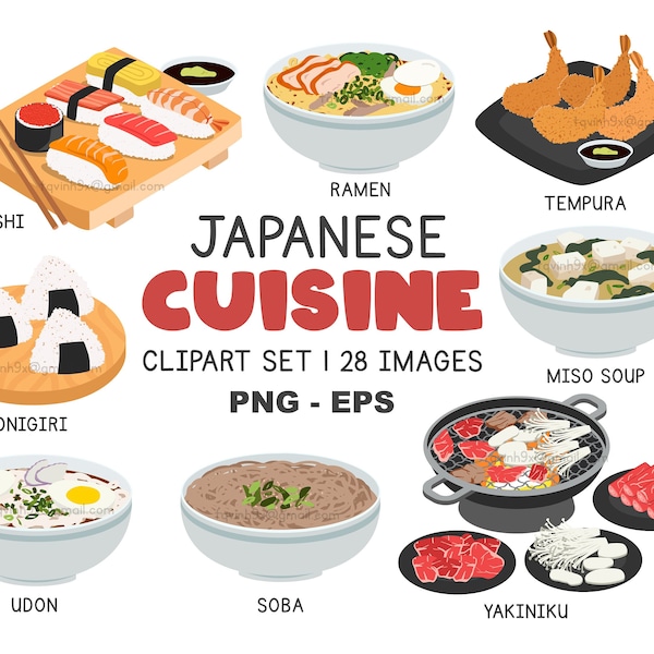 Japanese Food Clipart Set - Japanese Cuisine Png, Eps - Culture Graphics - Sushi, Ramen, Udon, Soba, Tempura, Noodles - Digital Download