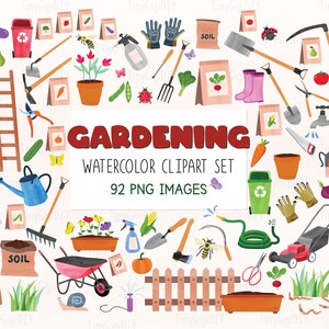 Conjunto de clipart de jardinagem em aquarela Png, pacote de clipart de ferramentas de jardim arquivo Png, sublimação de equipamentos de plantio de primavera, pacote de clipart de fazenda