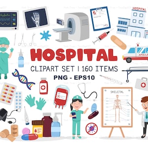 Hospital Clipart Set. Hand Drawn Medical, Doctor, Medicine, Health Clip Art. Capsule, Tablet Pill, Healthcare Nurse, X-Ray Illustration PNG