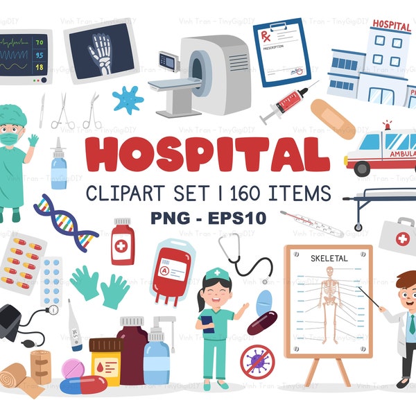 Hospital Clipart Set. Hand Drawn Medical, Doctor, Medicine, Health Clip Art. Capsule, Tablet Pill, Healthcare Nurse, X-Ray Illustration PNG