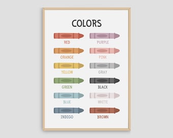 May include: A printable chart with the word "COLORS" at the top.  The chart shows 12 crayon shapes in different colors, with the name of each color written below the crayon.  The colors are red, orange, yellow, green, blue, indigo, purple, pink, gray, black, white, and brown.