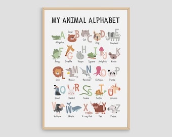 Póster del alfabeto de animales, póster del ABC, arte mural imprimible, póster educativo en tonos pastel, decoración para habitación infantil, póster digital de animales del alfabeto.