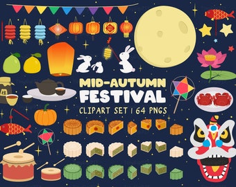 Mid-Autumn Festival Clipart Bundle, Moon Festival Clipart Set Png, Mooncake Festival Png, Lion Dance, Lanterns, Rabbit, Sublimation Design