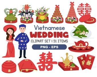 Vietnamese Wedding Clipart Set - Marriage Clipart Png, Eps - Vietnamese Bride And Groom Png - Wedding Elements Vector Set - DIGITAL DOWNLOAD