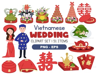 Vietnamese Wedding Clipart Set - Marriage Clipart Png, Eps - Vietnamese Bride And Groom Png - Wedding Elements Vector Set - DIGITAL DOWNLOAD