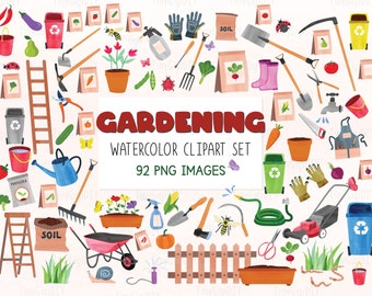 Watercolor Gardening Clipart Set: Spring Planting Tools (92 PNG)